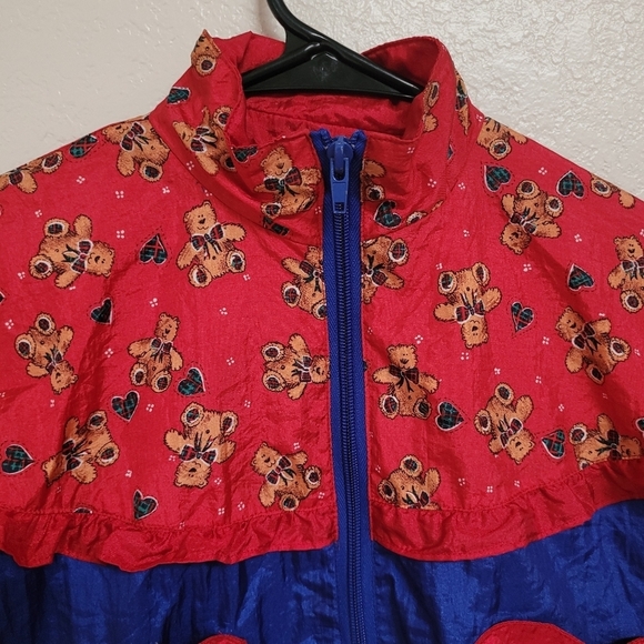 Vintage Sunterra Kids Red and Blue Windbreaker w Heart Pockets Teddy Bear Print - Picture 2 of 5